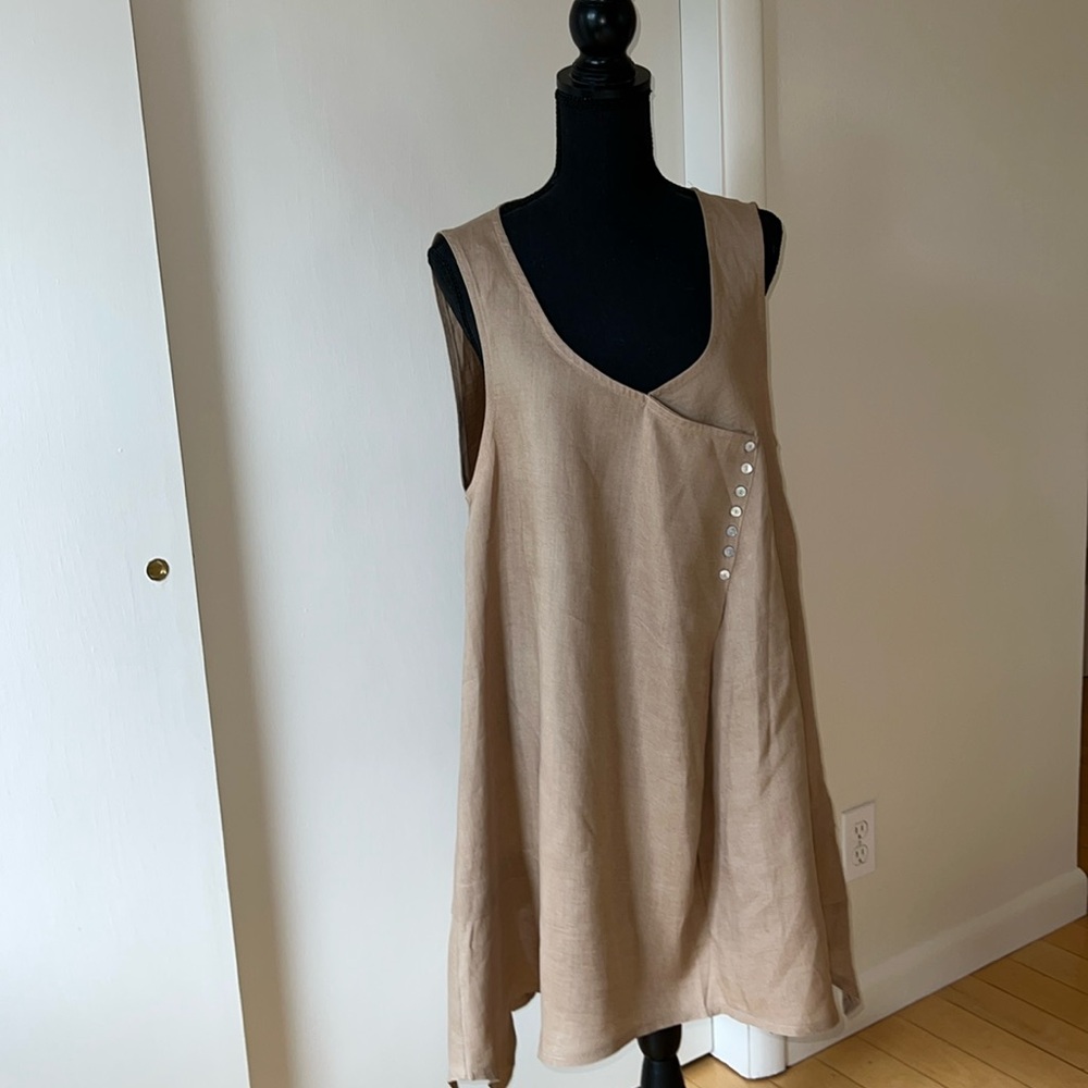 Yea Linen Asymmetrical Scoop Neck Linen Tunic MIDI Dress Tan L-XL